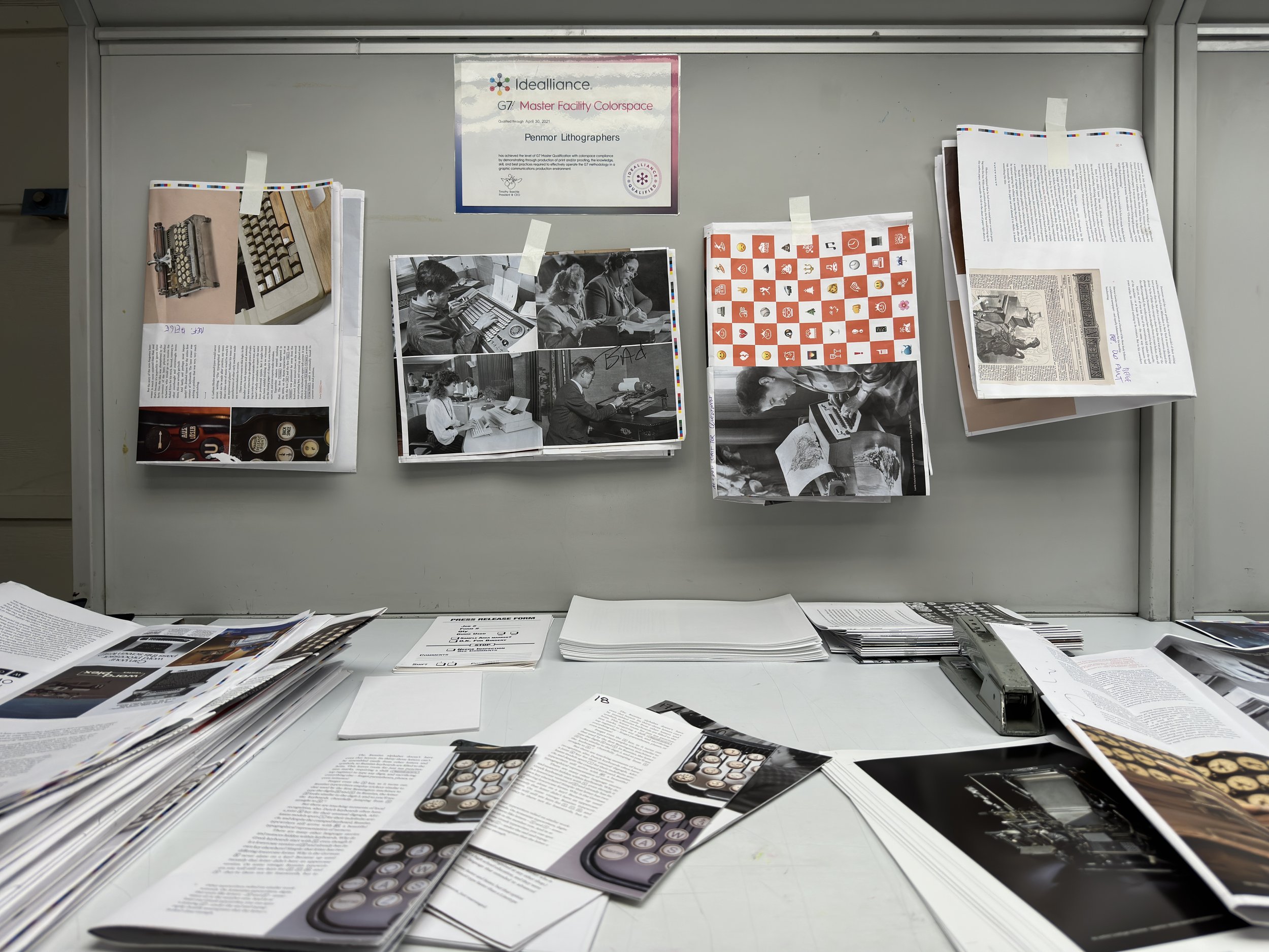 Sheets pulled from the press in Maine while the book printing was underway